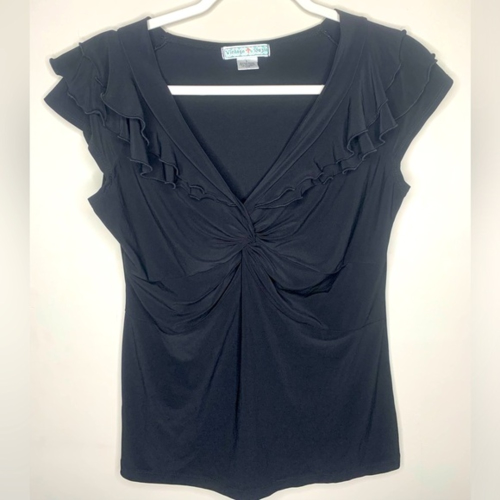 Vintage Y2K Ruffle Twist Suzie In The City Blouse Sleeveless V-Neck Black Large